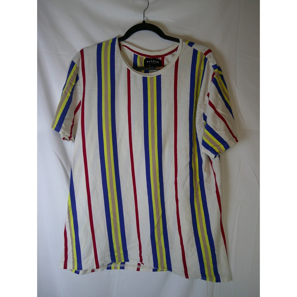 PacSun Mens XL Vertical Stripe T-Shirt Multicolor Red Blue Yellow White Tee